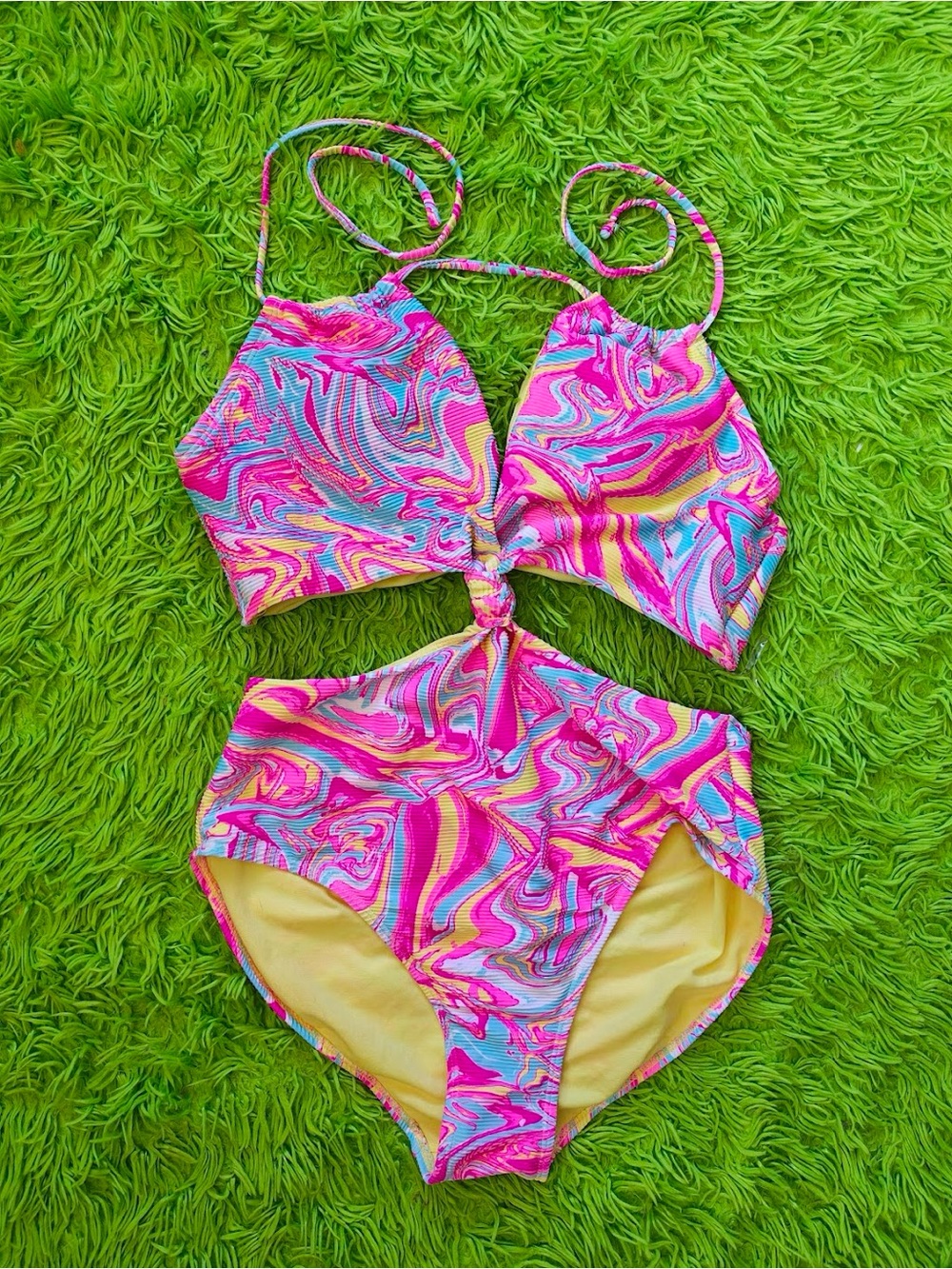 Neon swirls "No Boundaries" one piece cut out swimsuit,L/11-13